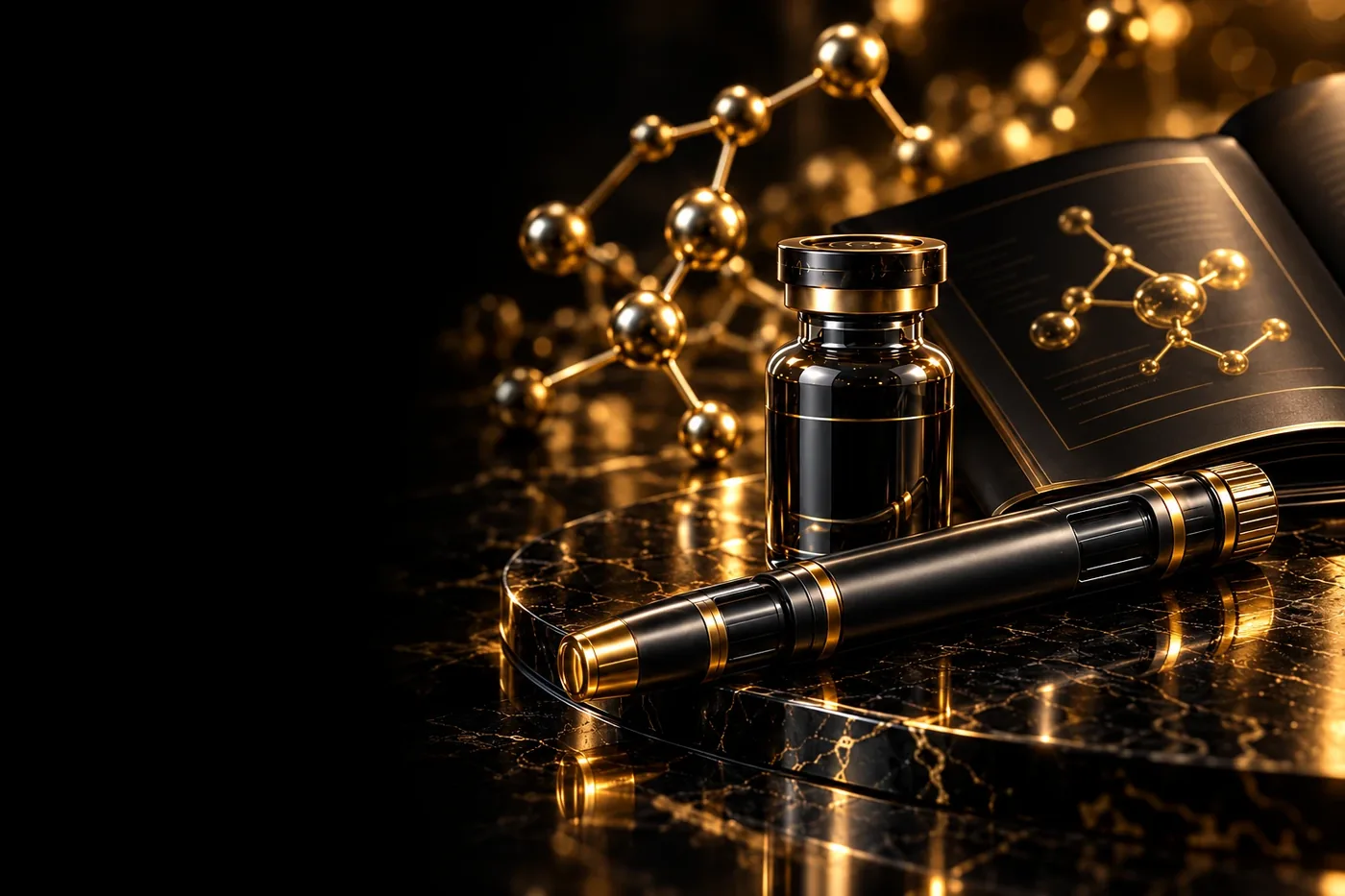 Composição ilustrativa de caneta, vial e manual em preto e dourado.